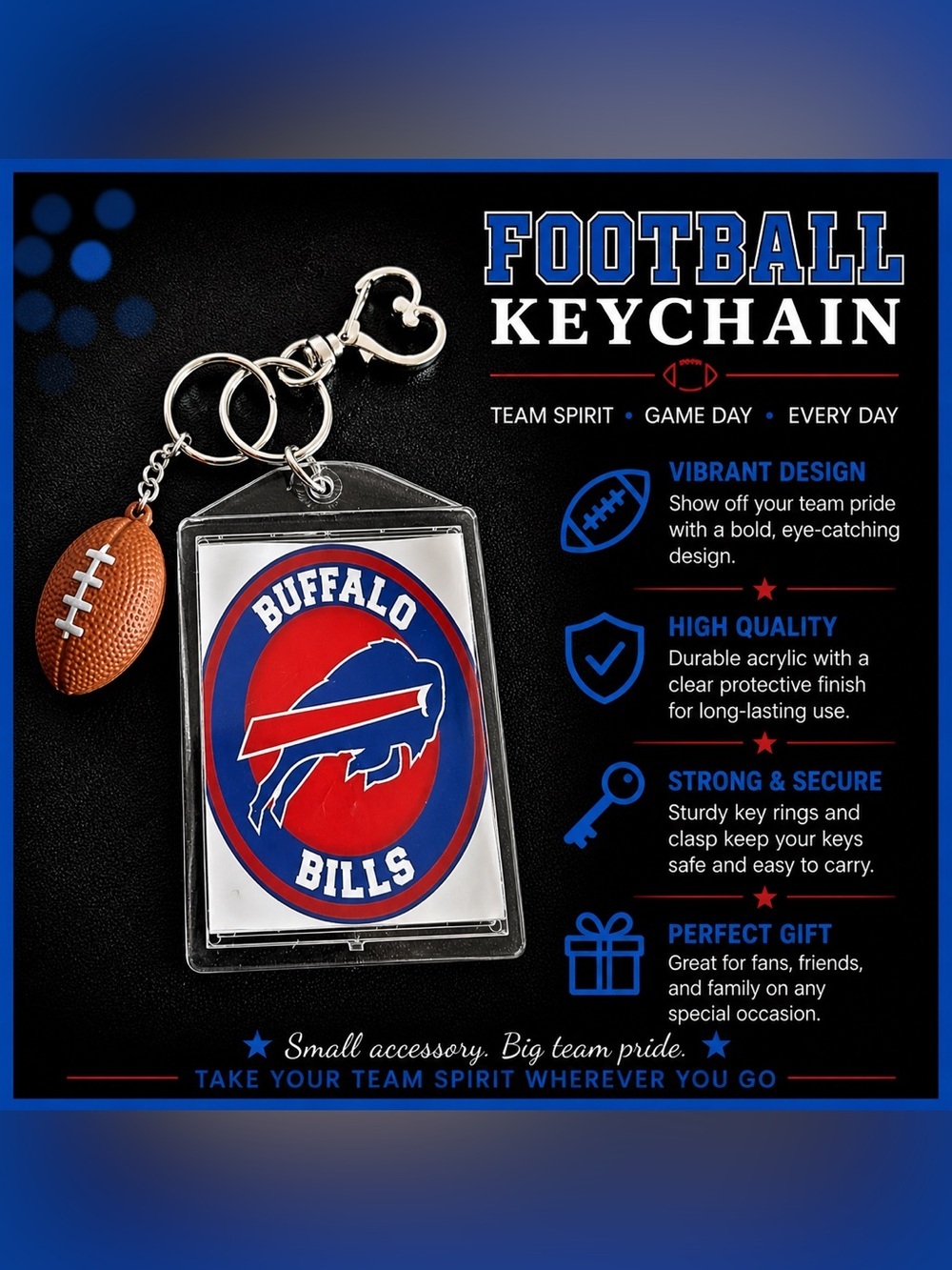 *30off3* Buffalo Bills Football 🏈 Keychain includes Heart Shape Silver Spring